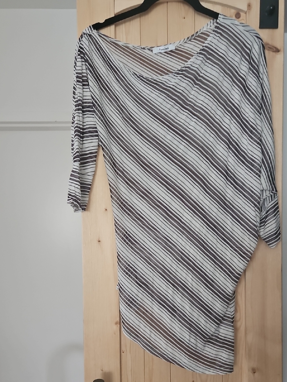 Tubino Striped Sheer Asymmetric Knit Top in Cream & Dark Brown
